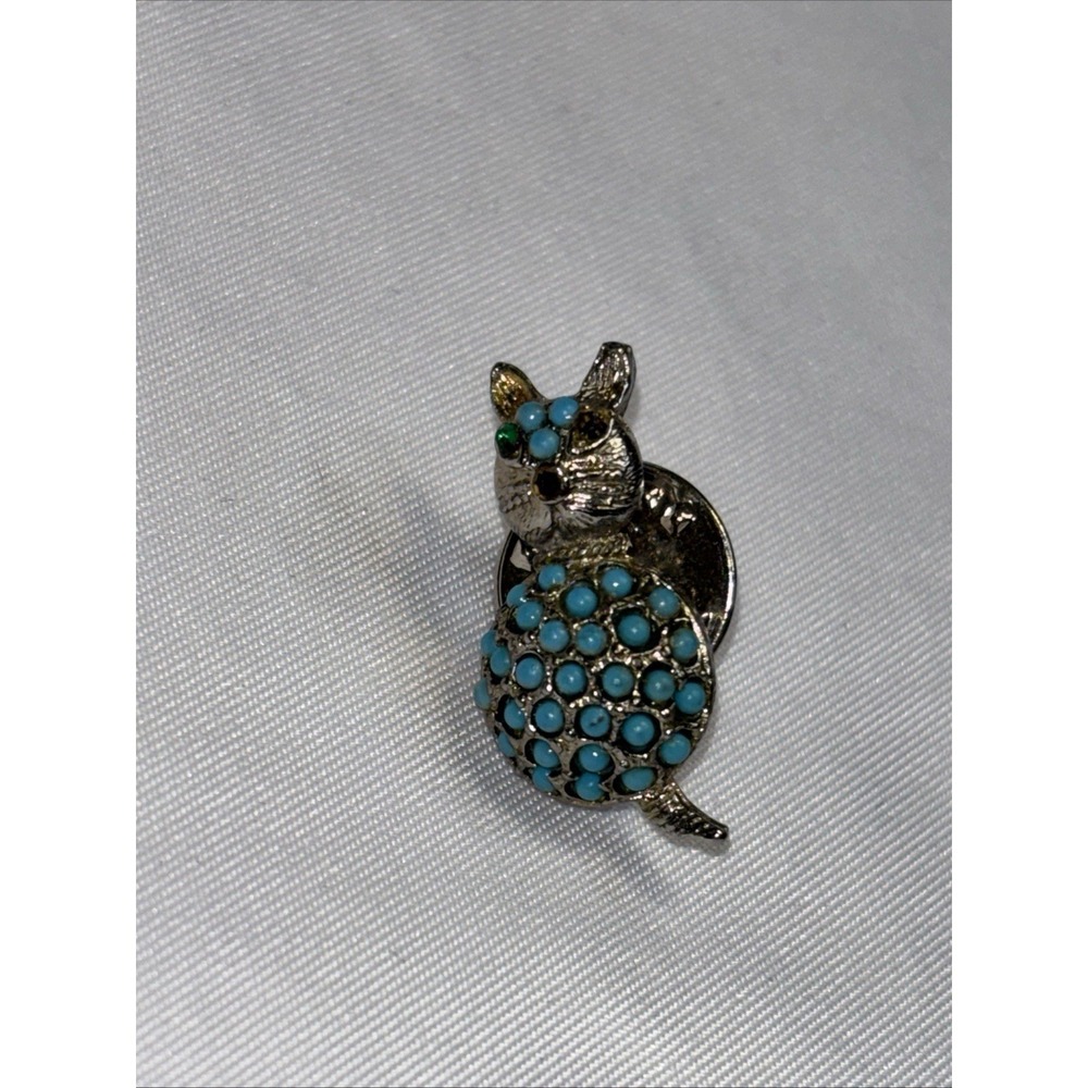 Vintage Cat Brooch Blue Stone Cluster Rhinestone Eyes Silver Tone
